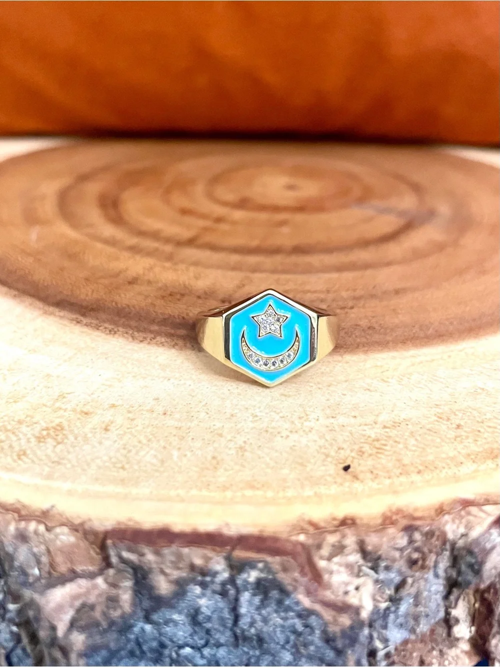 Turquoise Enamel and CZ Moon and Star Gold Filled Adjustable Ring NWOT